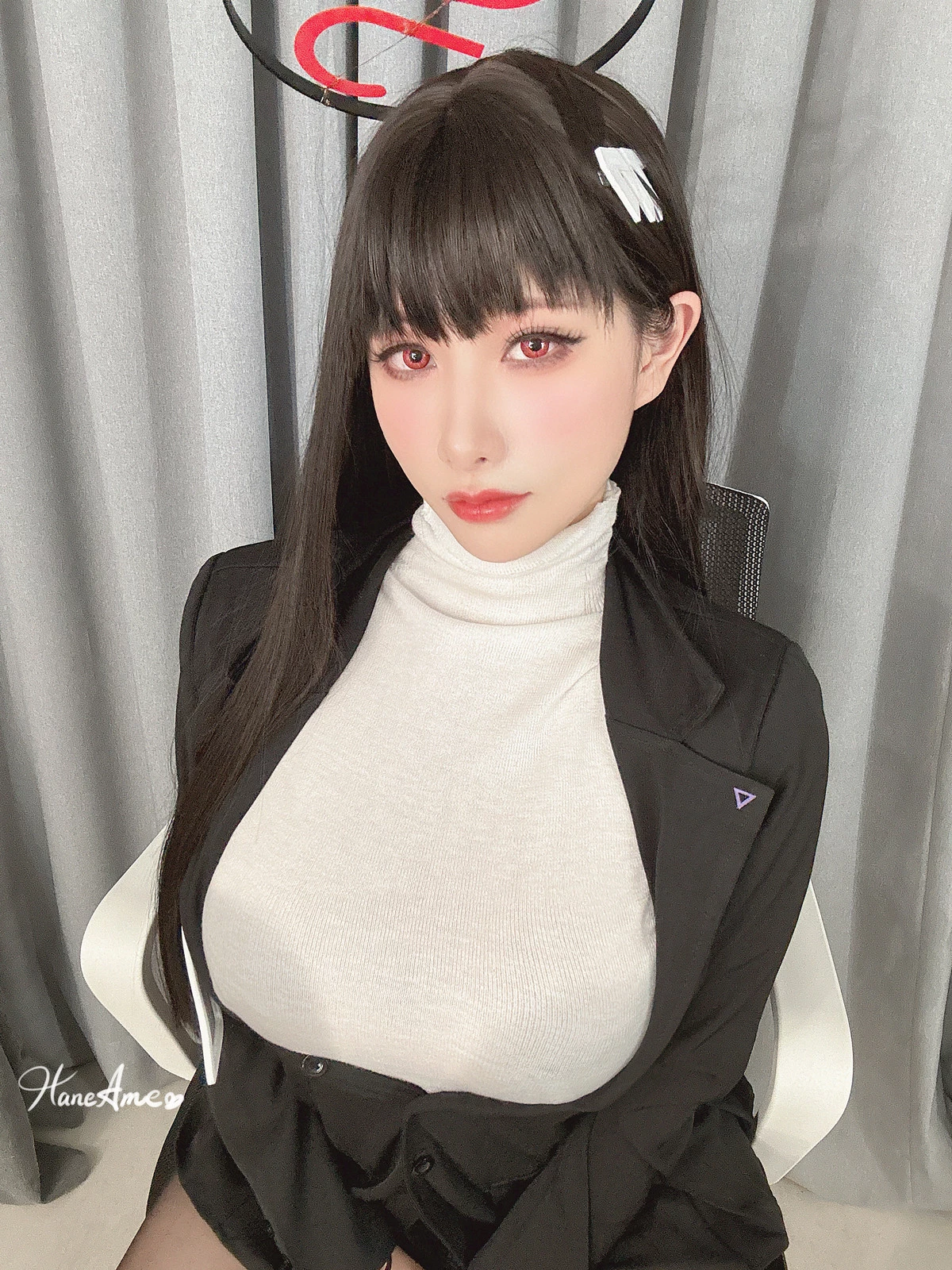 Xgyw.Org_Coser美女雨波_HaneAme蔚蓝档案主题黑色OL服饰露黑色蕾丝内衣配开档黑丝魅惑写真118P